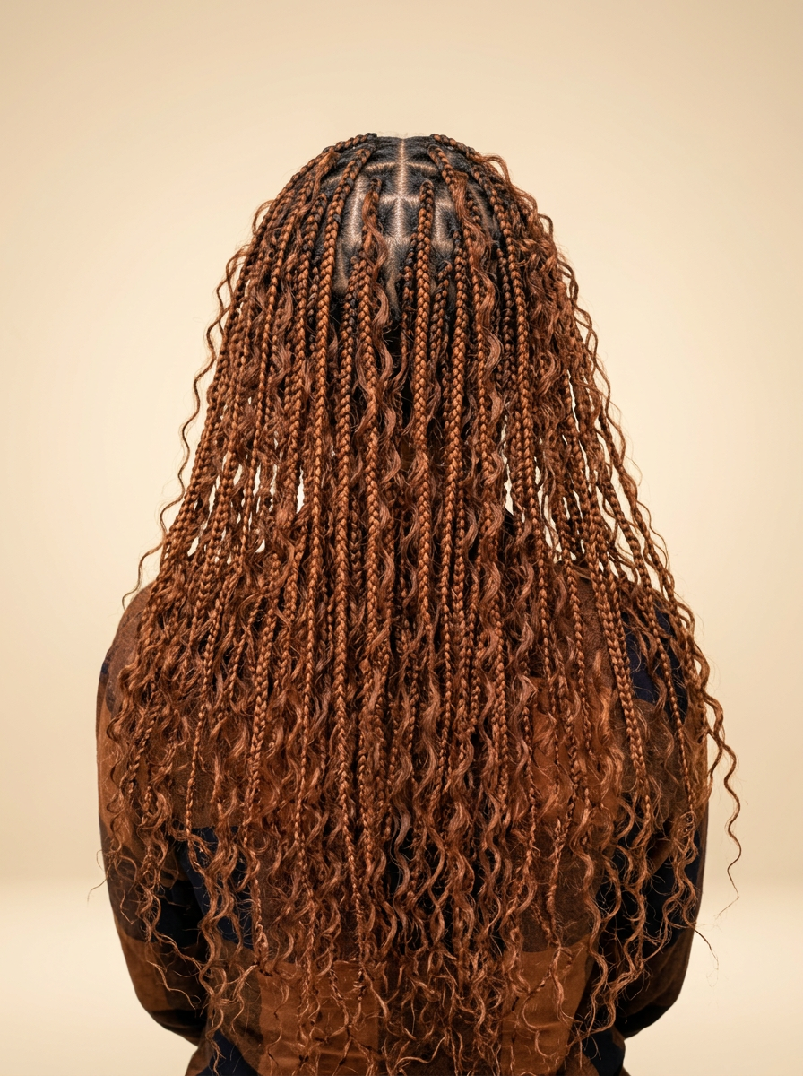 Auburn boho knotless braids with curly strands