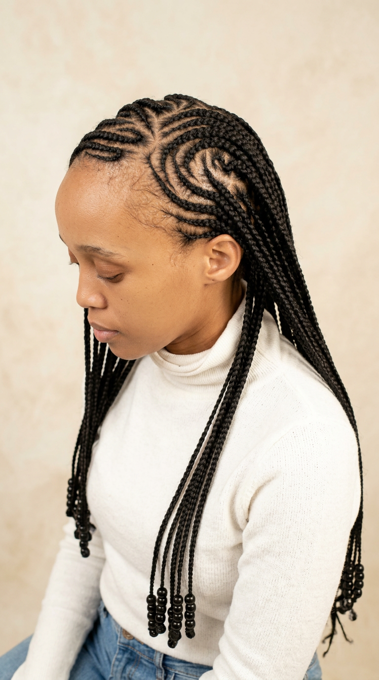 Patterned cornrows with swirl parting and beads