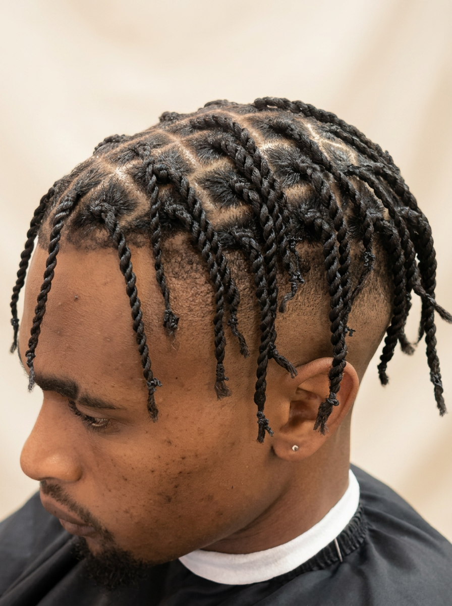 Men's two-strand twists with clean box parting